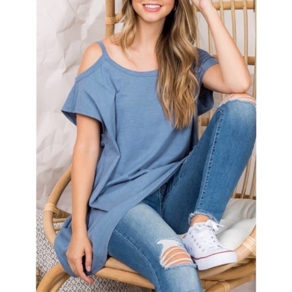Blue Cotton Cold Shoulder Tunic Top Made in USA